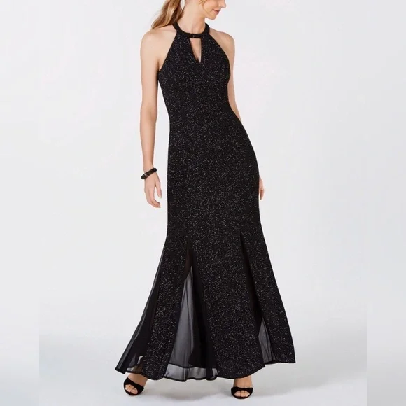 NE Nightway Black + Silver Glitter Knit Teardrop Gown - Picture 2 of 7